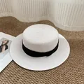 Elegant white straw boater hat with black grosgrain ribbon for summer sun protection - M / White with Black Bow