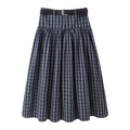Classic blue and white plaid A-line midi skirt with high waist and thin black belt - XS / Blue White Plaid