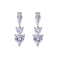 Detail of silver drop earrings featuring tiered heart and pear-shaped cubic zirconia crystals - VE512 Silver Long Heart Earrings