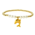 Elegant gold beaded bracelet with white pearls and a polished dolphin pendant charm - Yellow