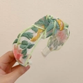 Floral embroidered headband in green and yellow fabric with a wide handmade style - Embroidered Knotted Green-Pink Headband