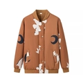 Brown vintage baseball jacket with moon and star patterns and button closure - S / Chocolate