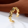 Macro shot of gold butterfly open ring with sparkling black crystal stone wing details - Adjustable Open / Gold Black Zirconia