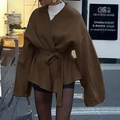 Elegante blazer marrone da donna con cintura, maniche ampie e lacci in vita in lana - S / Marrone