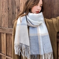 Thick blue, white and beige plaid knit scarf with tassels for winter fashion style - Literary Grey