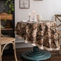 Beige round tablecloth with dark floral patterns and elegant tassel edge detail - 90cm Round / Coffee Oil Painting with Tassels