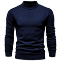 Detailed view of dark blue ribbed turtleneck sweater with slim fit knit texture - Mock Neck Navy Blue