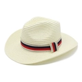 Men's Western straw fedora in cream white with stylish red and blue striped ribbon band - M (56-58cm) / Creamy White