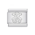 Silver stainless steel Italian charm bracelet link with an embossed bear design - Steel Bear-Y491