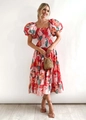 Detail of floral puff sleeve midi dress featuring tiered ruffle skirt and square neckline - Fire Red Floral