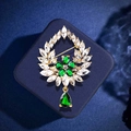 Elegant gold leaf wreath brooch with green gemstones and a teardrop pendant - 327# Petal