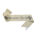 Detail of glittery gold Mommy To Be sash with grey text and cute baby footprints - Gold Mommy To Be Sash