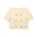 Women's pale yellow textured tweed short sleeve jacket with double-breasted gold buttons - XS / Tops