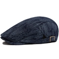 Dark blue denim newsboy cap with vintage metal buckle and textured twill fabric detail - Dark Blue