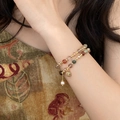 2-piece vintage natural stone bracelet set with gold coin and pearl charms on wrist - Gold/Coin Pendant
