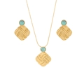 Gold stainless steel jewelry set with woven square pendants and turquoise stone inlay - Square Woven Texture Style (N1418)