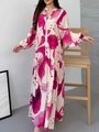 Detail of V-neck printed maxi dress with magenta and cream patterns in a loose fit - S / Dresses / Rose Red