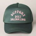Detail of green trucker hat with pink 3D embroidery and breathable mesh back - One Size / Dark Green with Pink Logo