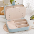 Portable light blue PU leather jewelry travel case with ring slots and stud earring plate - Grey Blue