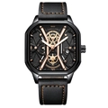 Square black mechanical watch with gold hands, skeleton movement, and orange stitching - 9228 Black Case Gold Markers Leather Strap
