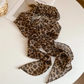 Detailed flat lay of brown leopard print long silk scarf on a white fashion background - Coffee Leopard Print Silk Scarf