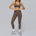 Women's dark brown heathered yoga set with racerback bra and high-waist leggings - S / Top And Bottom / Bra-1 + Leggings (Rock Brown)