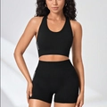 Set yoga nero senza cuciture con reggiseno sportivo e pantaloncini a vita alta GYMWEAR - S / Nero