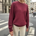 Solid wine red cable knit sweater with crew neck for casual autumn winter wear - S / Burgundy