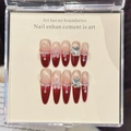Uñas postizas de almendra de lujo con degradado rojo, efecto ojo de gato y flores en 3D - XS / 586-Ovalado Largo