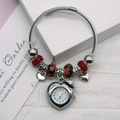 Creative beaded flower charm watch with heart quartz dial and silver open bangle strap - Red