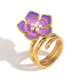Adjustable 18K gold-plated flower ring with purple enamel petals and pearl center - Petal Ring (Double Purple)