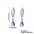 Detailed view of purple teardrop crystal earrings with silver-tone metal and size specs - Silver Hoop + Purple Gemstone (E01194-16)