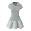 Short sleeve grey knit polo dress with white buttons and a playful ruffled hemline - S / Gray