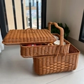 Three-tier brown woven picnic basket with reinforced handle and modular storage layers - Double Layer Square Picnic Basket With Chinese Knot 42x31x30cm