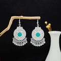 Pendientes boho redondos con borlas plateadas y piedra de resina turquesa geométrica - E6109-24 Cuenta Turquesa