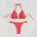 Vibrant pink and orange floral print bikini set with stylish ruffle hem and neck ties - S / Pink Orange Print