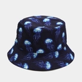 Reversible bucket hat with navy blue ocean jellyfish pattern for outdoor sun protection - Deep Blue Jellyfish
