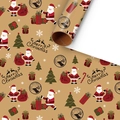 Brown kraft Christmas wrapping paper featuring Santa, trees, and merry Christmas text - Santa Claus
