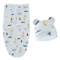 Ensemble d'emmaillotage et bonnet bleu clair pour nouveau-né avec motifs girafe et éléphant - Ensemble Emmaillotage + Bonnet Cerf Bleu