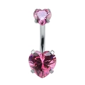 Silver-toned belly button ring featuring two faceted pink heart-shaped crystals - Pink