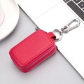 Deep pink lychee grain leather key pouch with double zippers and metal keychain - Without Window / Rose Red