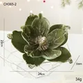 Green velvet artificial magnolia flower with silver glitter and gold stamen for Christmas - Green