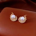 Elegant French style pearl stud earrings with gold finish and sparkling rhinestones - 69# Silver Needle-Gold-Feather Wave Pearl (White)