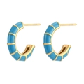 Golden C-shaped hoop earrings with sky blue enamel finish and geometric wheel pattern - Enamel Wheel C-Shaped Studs - Blue