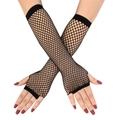 Close-up of black fishnet fingerless long gloves with fine elastic mesh texture - One Size / Black