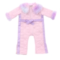 Pink quilted romper for 18 inch doll featuring purple faux fur trim and satin bow detail - Pink Quilted Jumpsuit