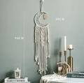 Handwoven moon-shaped macrame dream catcher with an owl pendant and beige cotton tassels - Wood Owl