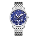 Detailed macro view of the ORUSS skeleton watch face with blue dial and golden hands - 9-Bead Silver Strap Skeleton Blue Dial