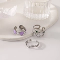 Three-piece set of elegant silver titanium steel rings with purple and green stone accents - J637-Enamel Symbol Silver 3-Piece Set