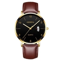 Geneva men's quartz watch with black dial, gold case, and brown leather strap - Black Dial Gold Case Brown Leather Strap